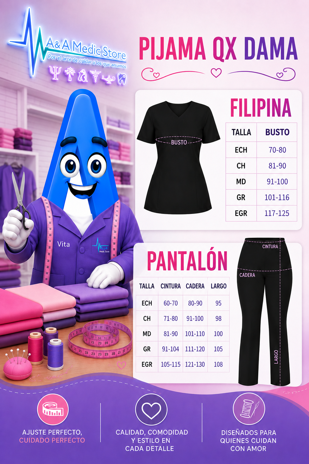 Guía de tallas Pijama Quirúrgica Dama